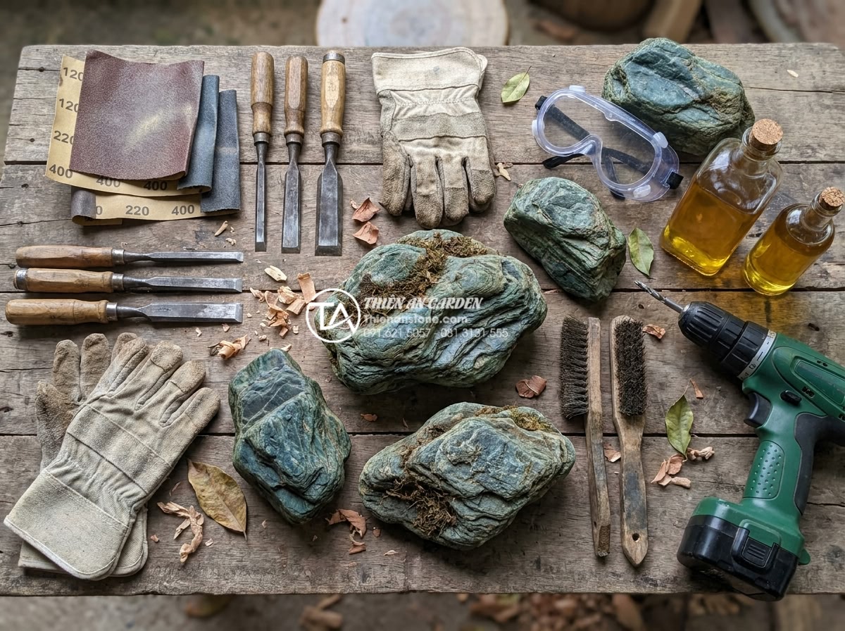 Cách tự tạo lũa từ gốc cây khô cho người yêu thích DIY - Organized flat lay photography of all essential DIY lũa tools including various 