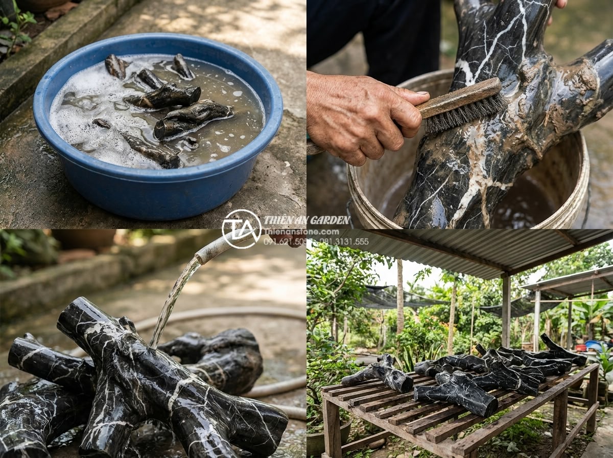 Cách tự tạo lũa từ gốc cây khô cho người yêu thích DIY - Step-by-step collage image showing the cleaning process of dry tree roots: soaki