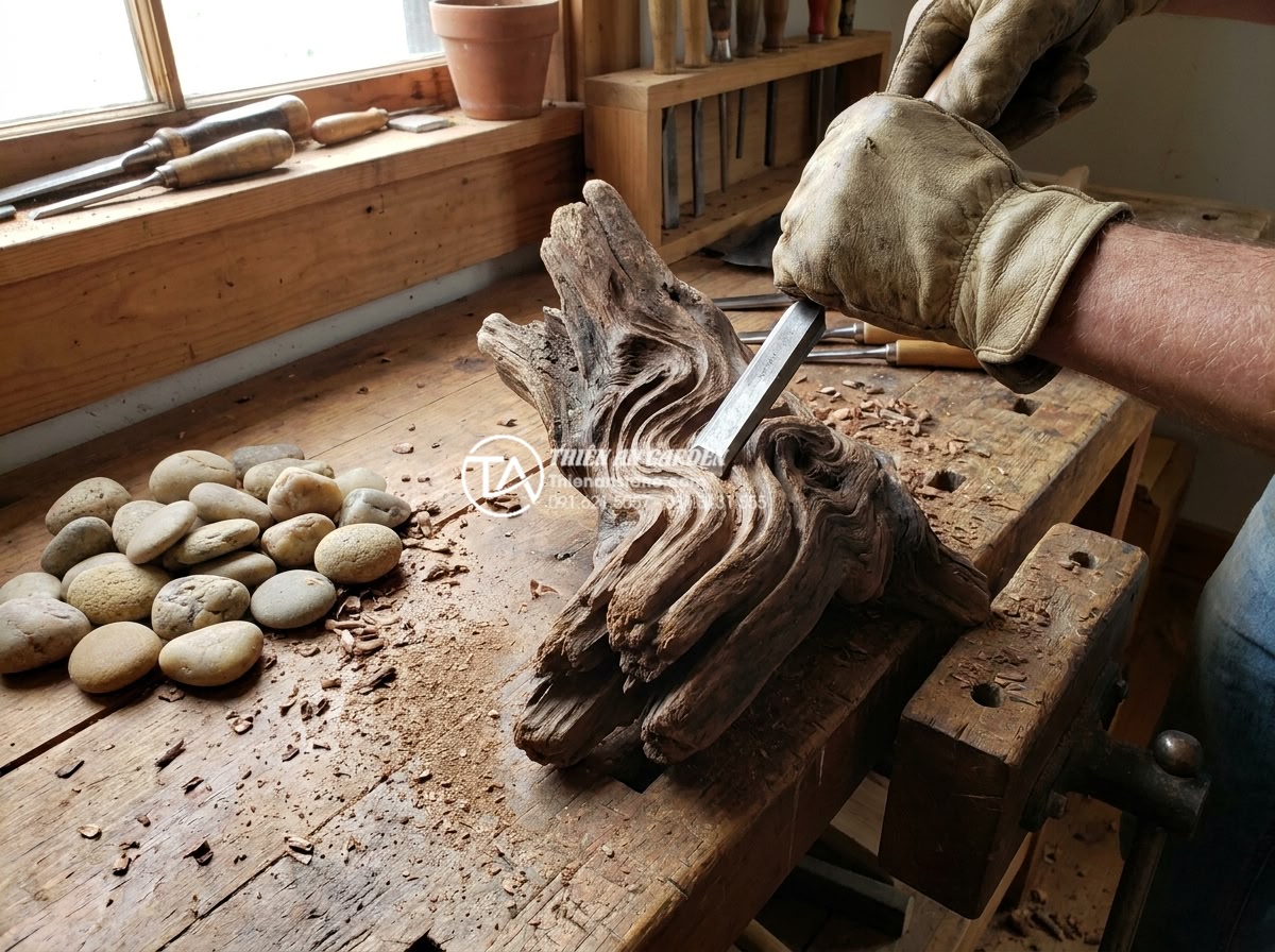 Cách tự tạo lũa từ gốc cây khô cho người yêu thích DIY - Close-up action shot of hands wearing work gloves using a sharp wood chisel to c