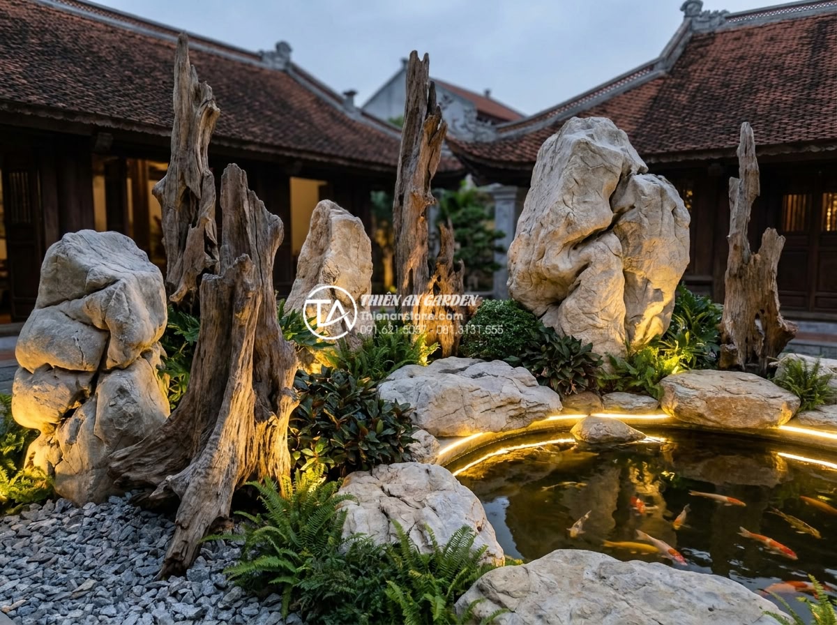 Cách tự tạo lũa từ gốc cây khô cho người yêu thích DIY - Beautifully composed garden design photo featuring multiple lũa wood sculptures 
