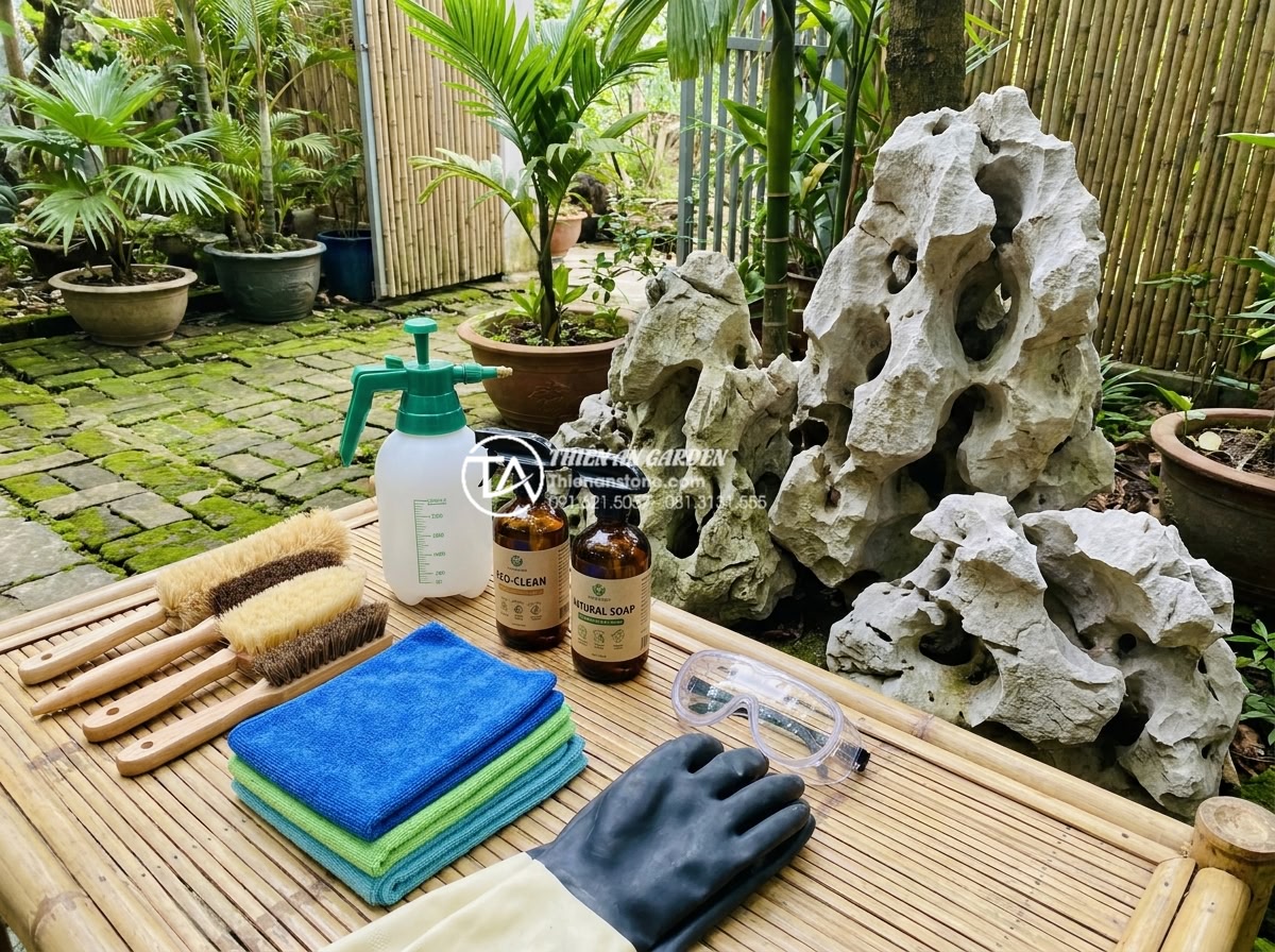 Cách vệ sinh đá cuội tiểu cảnh luôn sạch bóng, không bị rêu mốc - Professional cleaning toolkit laid out neatly including soft brushes, pressure s