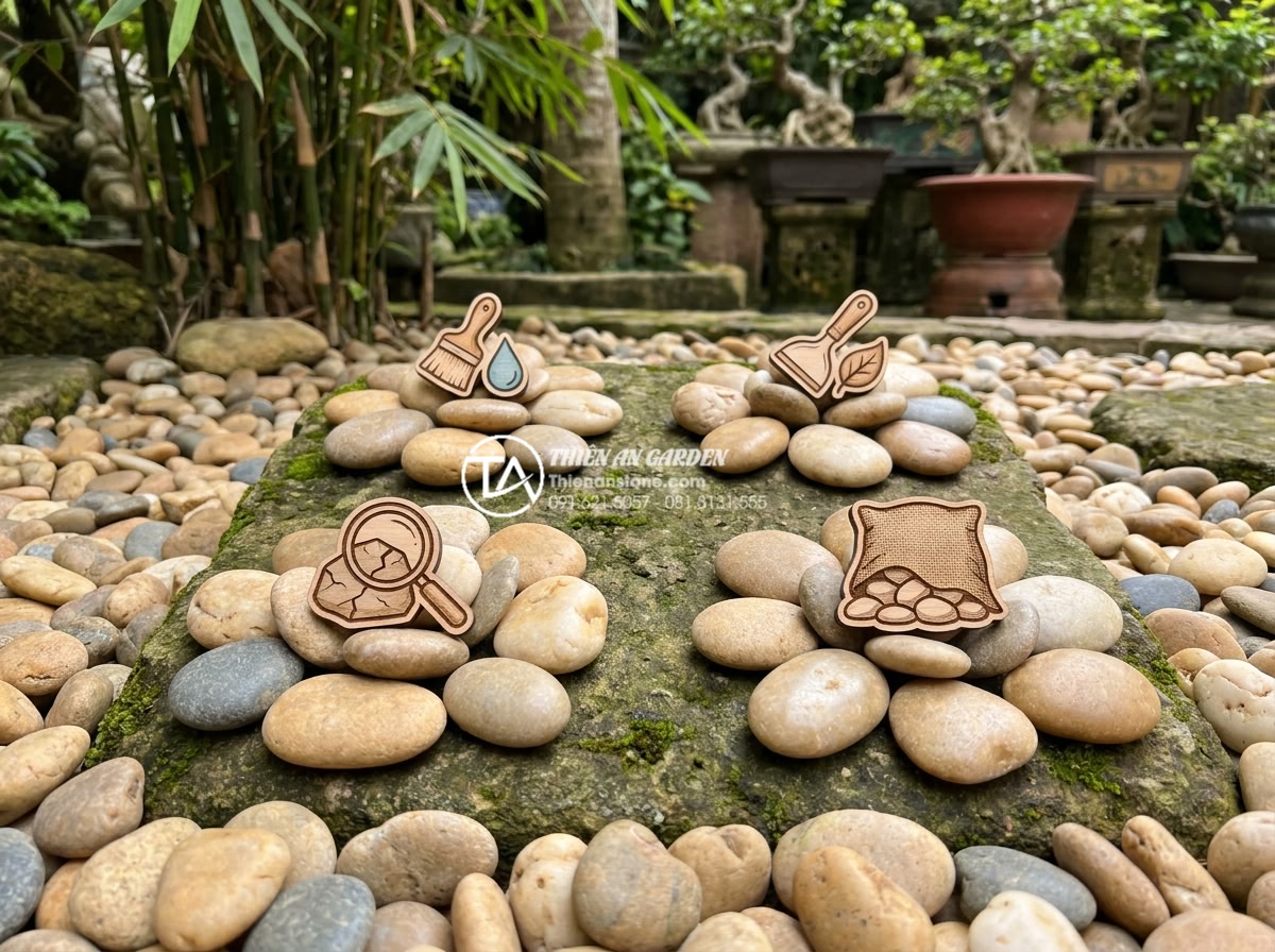 Cách vệ sinh đá cuội tiểu cảnh luôn sạch bóng, không bị rêu mốc - Calendar style infographic showing seasonal maintenance schedule for pebble ston