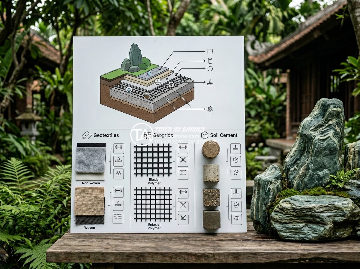 Cách xử lý nền móng khi làm tiểu cảnh đá cuội lớn ngoài trời - Material specification sheet style image showing different types of geotextile, 