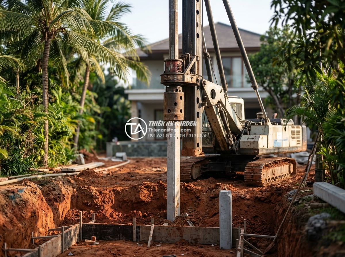 Cách xử lý nền móng khi làm tiểu cảnh đá cuội lớn ngoài trời - Specialized foundation construction photos for large cobble stone water feature 