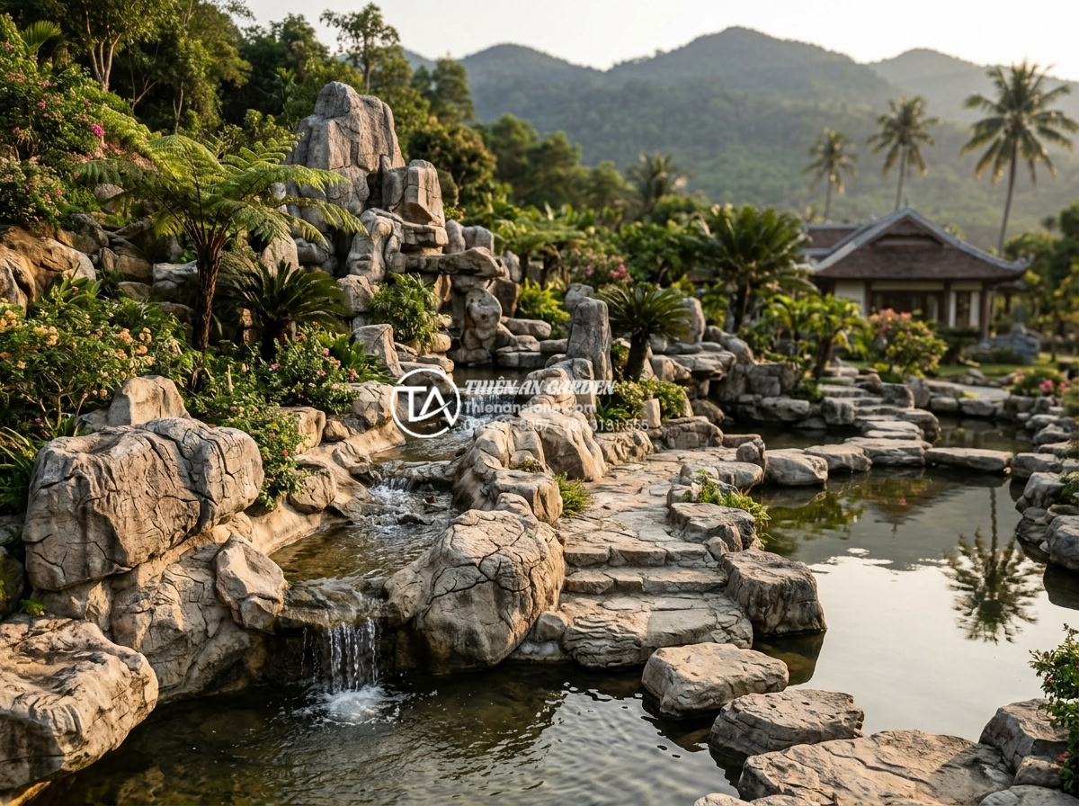 Cách xử lý nền móng khi làm tiểu cảnh đá cuội lớn ngoài trời - Inspirational final image of stunning large-scale outdoor cobble stone landscape