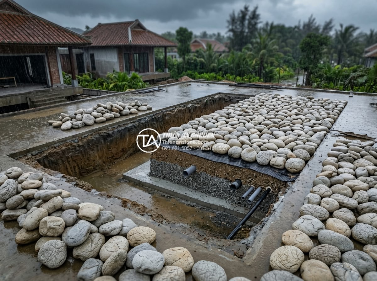 Cách xử lý nền móng khi làm tiểu cảnh đá cuội lớn ngoài trời - Aerial and cross-section combined view of foundation layers under construction f