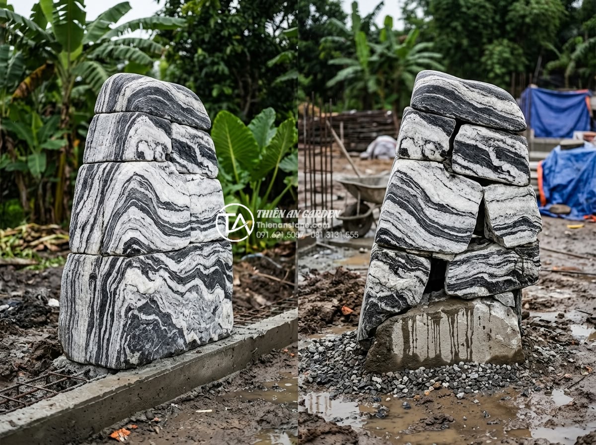 Cách xử lý nền móng khi làm tiểu cảnh đá cuội lớn ngoài trời - On-site construction comparison photo of two adjacent large pebble stone feature