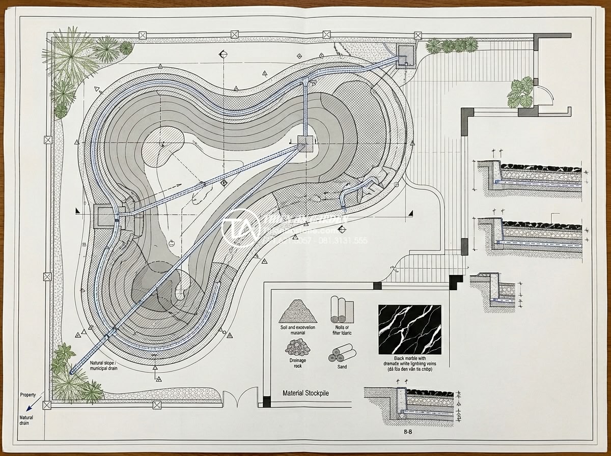 Cách xử lý nền móng khi làm tiểu cảnh đá cuội lớn ngoài trời - Detailed technical drawing of foundation preparation layout plan for oversized o