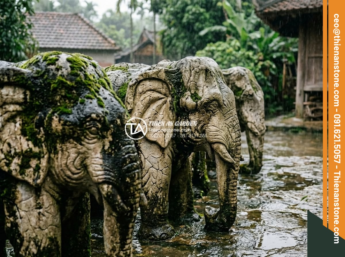 Cách xử lý rêu mốc cho tiểu cảnh làng quê ngoài trời vào mùa mưa - Close-up view of green moss and black mold growing on natural carved stone statu