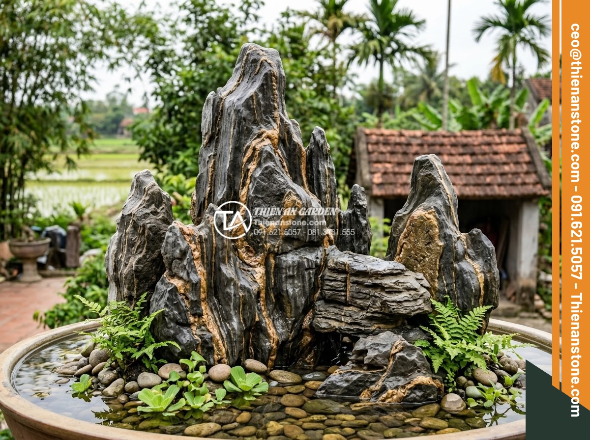 Cách xử lý rêu mốc cho tiểu cảnh làng quê ngoài trời vào mùa mưa - Completed cleaned and restored natural stone rural landscape scene after moss re