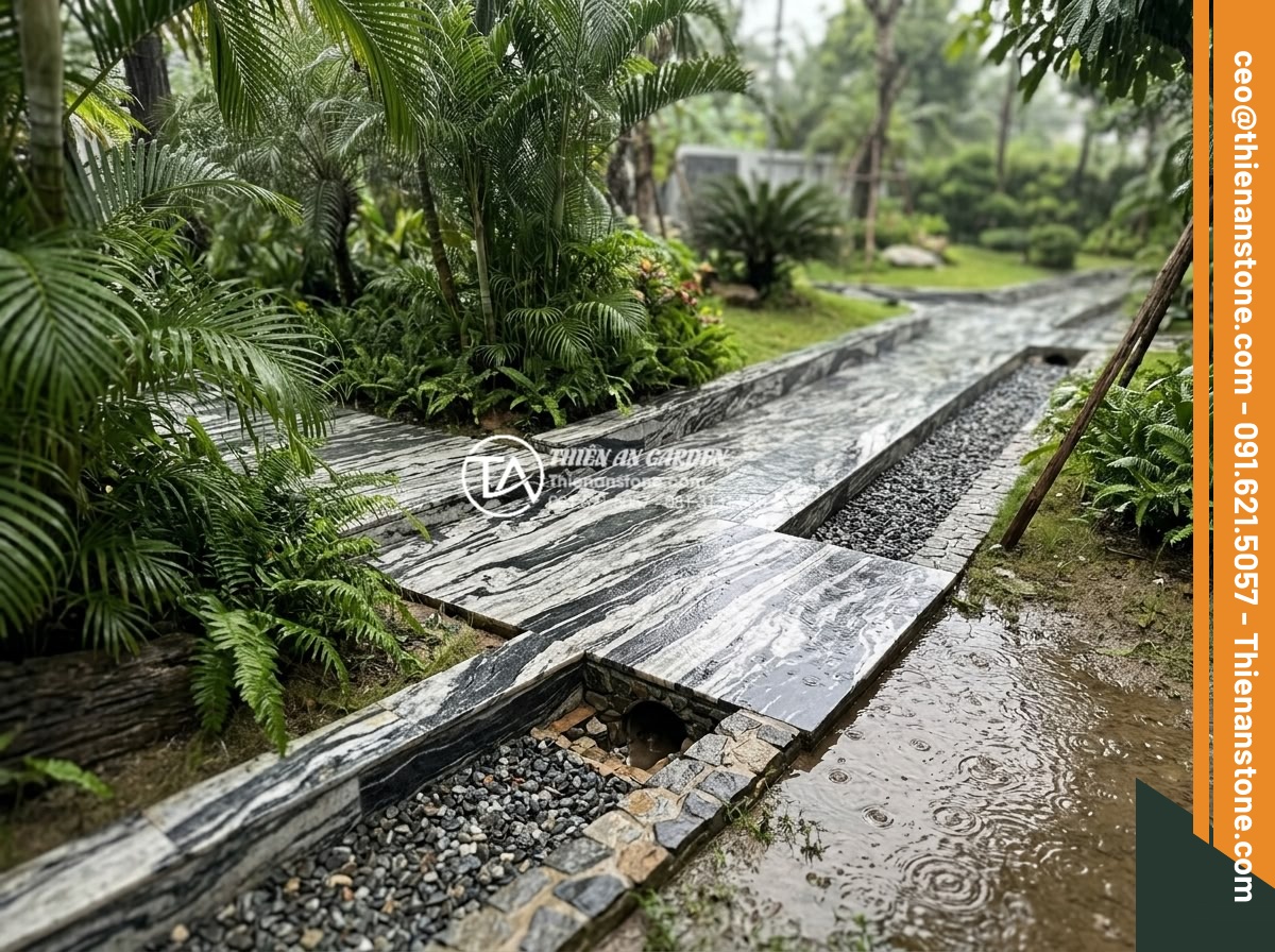 Cách xử lý rêu mốc cho tiểu cảnh làng quê ngoài trời vào mùa mưa - Preventive measures illustration with drainage systems and protective coatings o