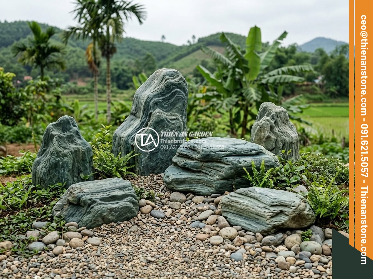 Cách xử lý rêu mốc cho tiểu cảnh làng quê ngoài trời vào mùa mưa - Modern anti-moss treated natural stone sculptures in outdoor countryside setting