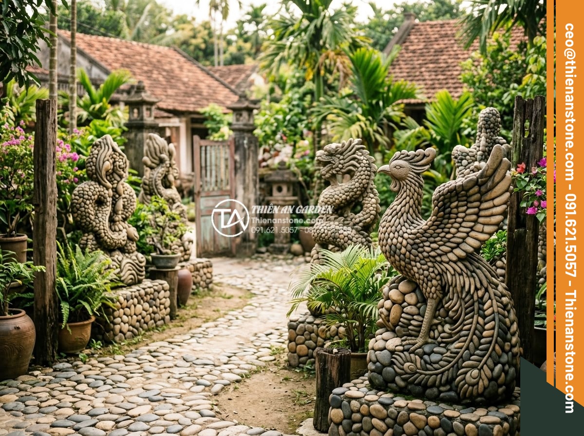 Cách xử lý rêu mốc cho tiểu cảnh làng quê ngoài trời vào mùa mưa - Long-term maintained carved stone art pieces in village scene with minimal moss 