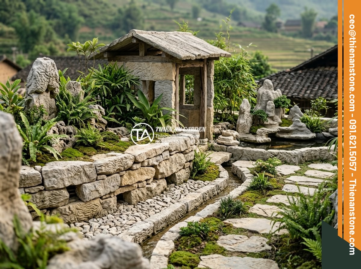 Cách xử lý rêu mốc cho tiểu cảnh làng quê ngoài trời vào mùa mưa - Integrated garden design with stone village scene featuring smart drainage and v
