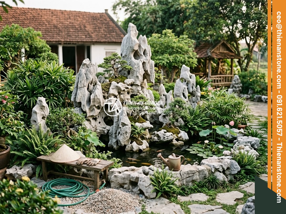 Cách xử lý rêu mốc cho tiểu cảnh làng quê ngoài trời vào mùa mưa - Holistic view of well-designed countryside stone garden with ongoing maintenance