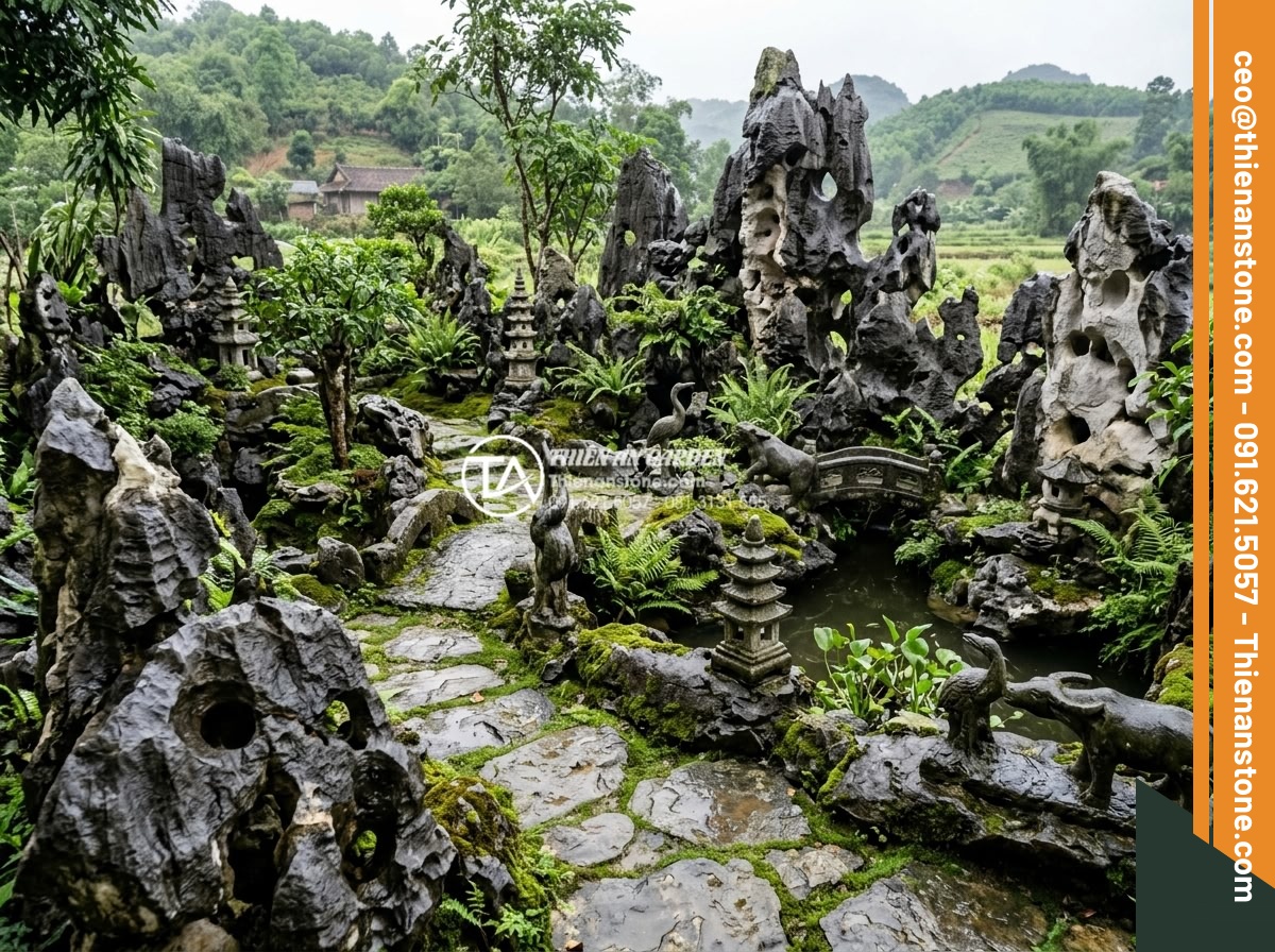 Cách xử lý rêu mốc cho tiểu cảnh làng quê ngoài trời vào mùa mưa - Wide angle shot of traditional Vietnamese countryside rockery garden with moss-c