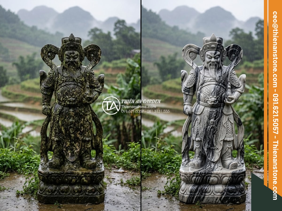 Cách xử lý rêu mốc cho tiểu cảnh làng quê ngoài trời vào mùa mưa - Before and after comparison of stone sculpture covered in thick mold versus clea