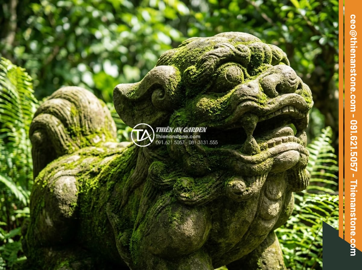 Cách xử lý rêu mốc cho tiểu cảnh làng quê ngoài trời vào mùa mưa - Step-by-step process of safely removing moss from carved natural stone using bru
