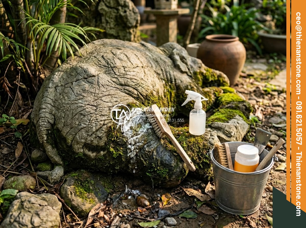 Cách xử lý rêu mốc cho tiểu cảnh làng quê ngoài trời vào mùa mưa - Professional cleaning tools and natural remedies applied to mossy stone elements