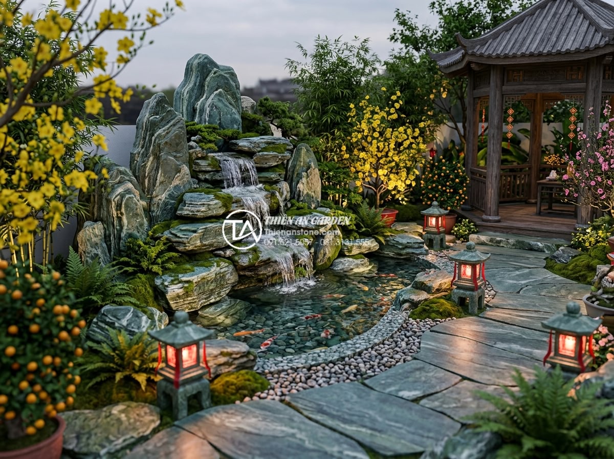 Case Study: Biến sân vườn cũ thành không gian tết đẳng cấp với tiểu cảnh đá - Professional 3D rendering of elegant Vietnamese Tet garden design featuring natu