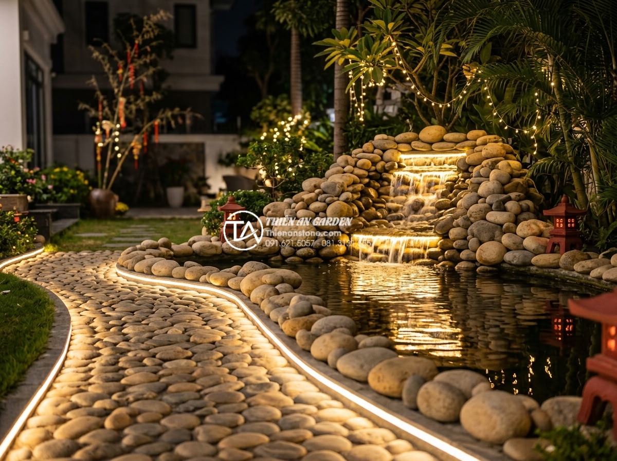 Case Study: Biến sân vườn cũ thành không gian tết đẳng cấp với tiểu cảnh đá - Night time view of completed luxury Vietnamese Tet garden with illuminated natur