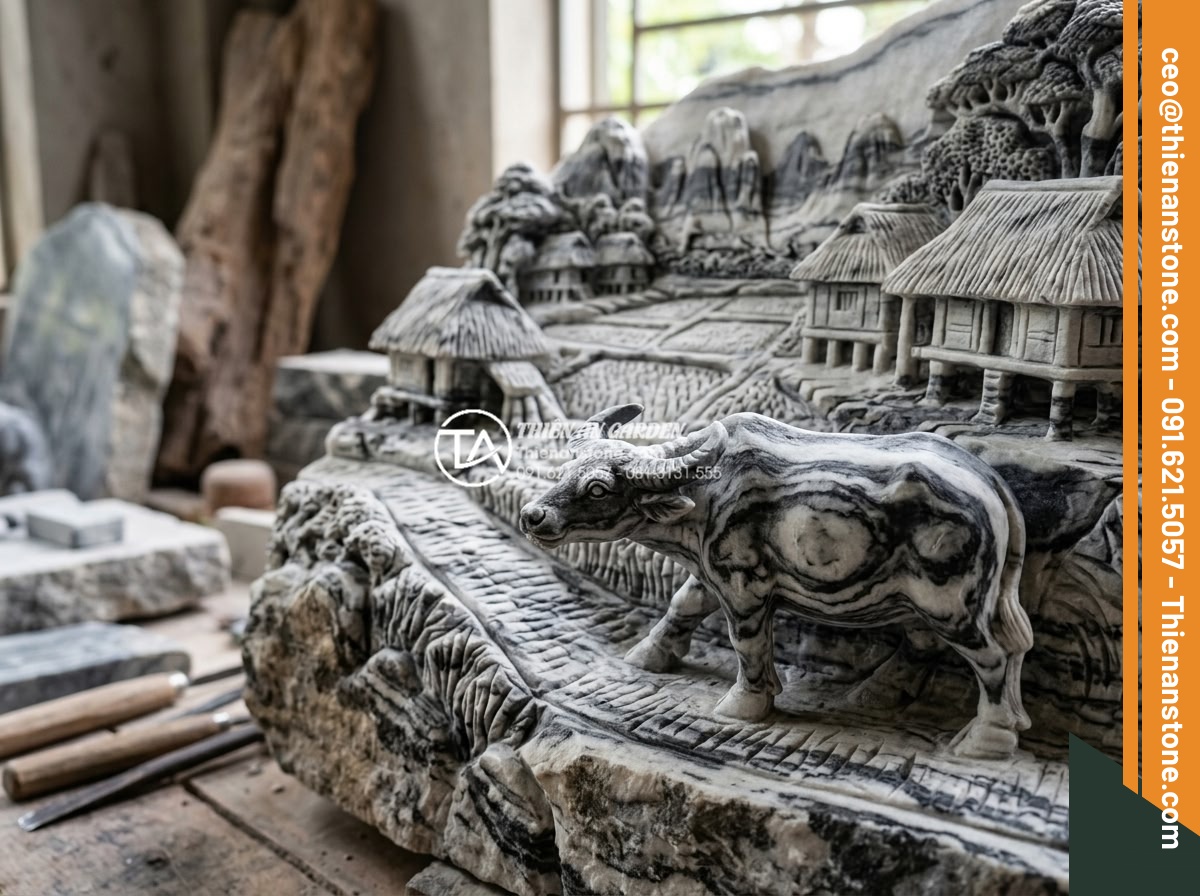 Case Study: Cải tạo sân vườn 20m2 thành không gian làng quê Bắc Bộ thanh bình - Close-up of finely carved natural stone sculptures depicting rural Northern Viet