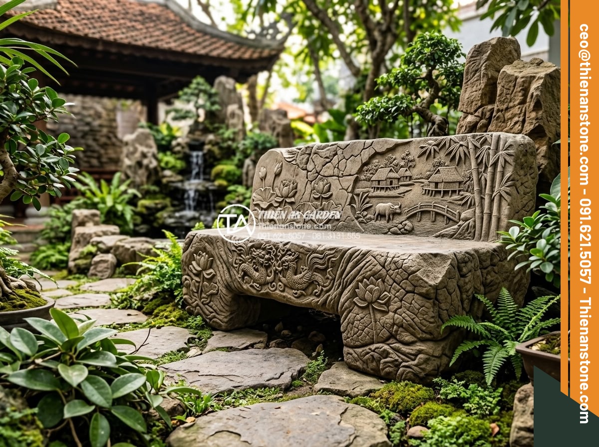 Case Study: Cải tạo sân vườn 20m2 thành không gian làng quê Bắc Bộ thanh bình - Detailed view of carved stone functional elements like benches and decorative vi