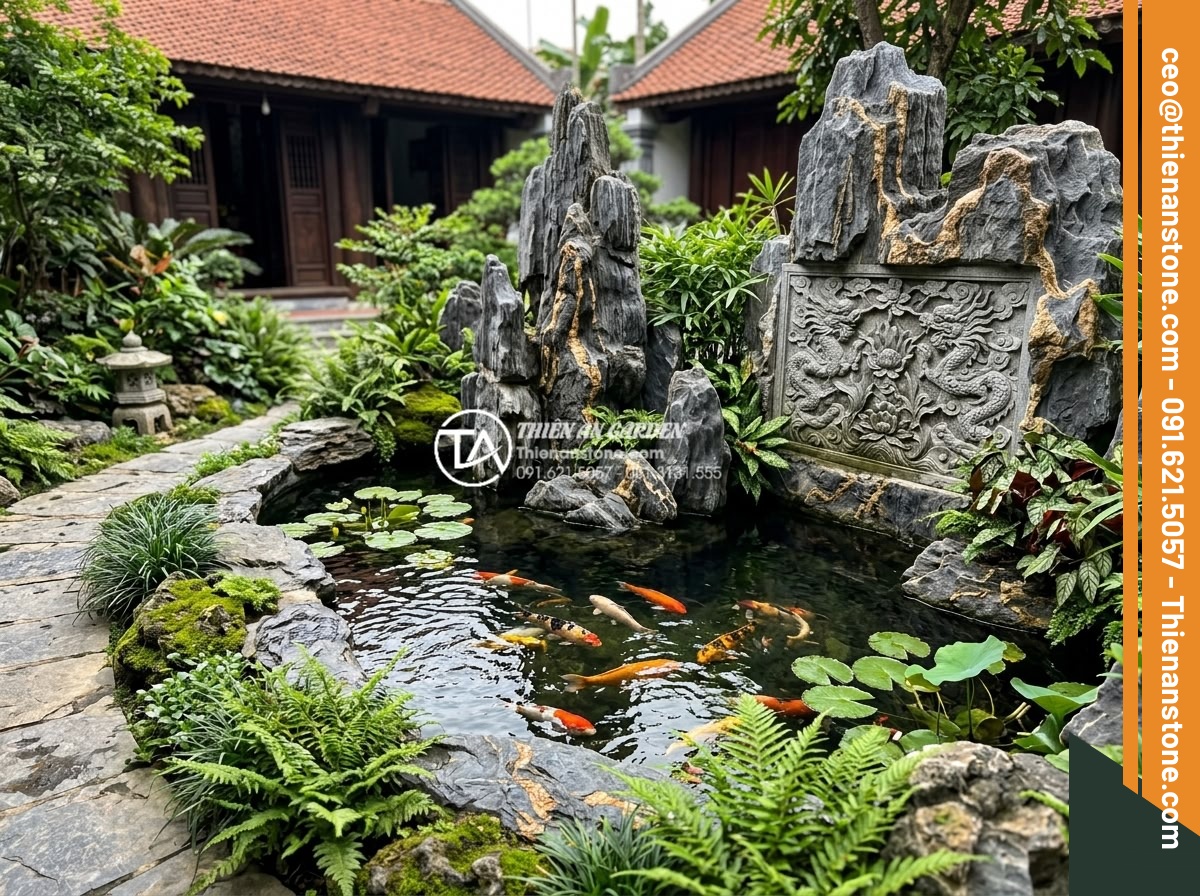 Case Study: Cải tạo sân vườn 20m2 thành không gian làng quê Bắc Bộ thanh bình - Harmonious blend of koi pond, native Northern Vietnamese plants, and stone carvi