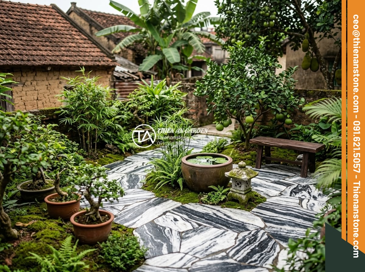 Case Study: Cải tạo sân vườn 20m2 thành không gian làng quê Bắc Bộ thanh bình - Final completed 20m2 garden after renovation showing full serene Northern Vietna