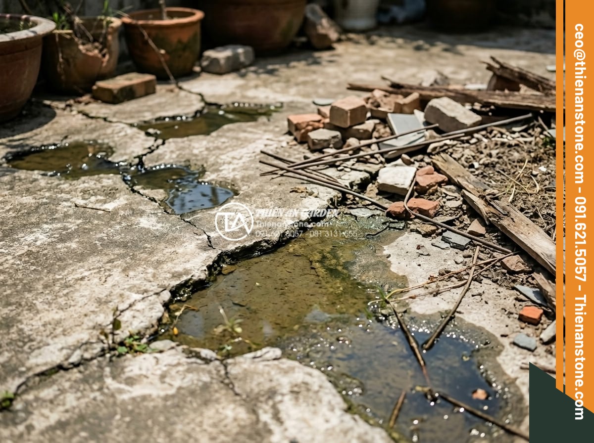Case Study: Cải tạo sân vườn 20m2 thành không gian làng quê Bắc Bộ thanh bình - Close-up of problematic areas in the pre-renovation 20m2 garden including cracke
