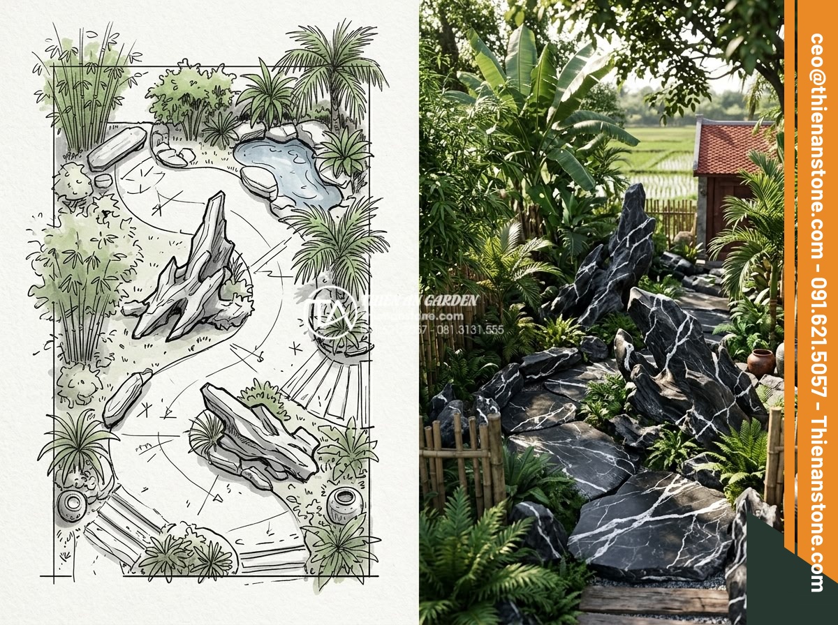 Case Study: Cải tạo sân vườn 20m2 thành không gian làng quê Bắc Bộ thanh bình - Concept design sketch and 3D rendering of a 20m2 Northern Vietnamese countryside