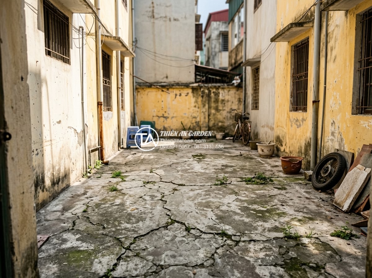 Case Study: Cải tạo sân vườn 20m2 với tiểu cảnh đá cuội từ A-Z - Professional high-resolution before photo of a 20 square meter urban concrete ba