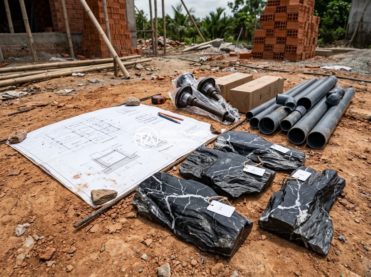 Case Study: Cải tạo sân vườn 20m2 với tiểu cảnh đá cuội từ A-Z - Detailed technical drawing and material list laid out on site, with labeled ston