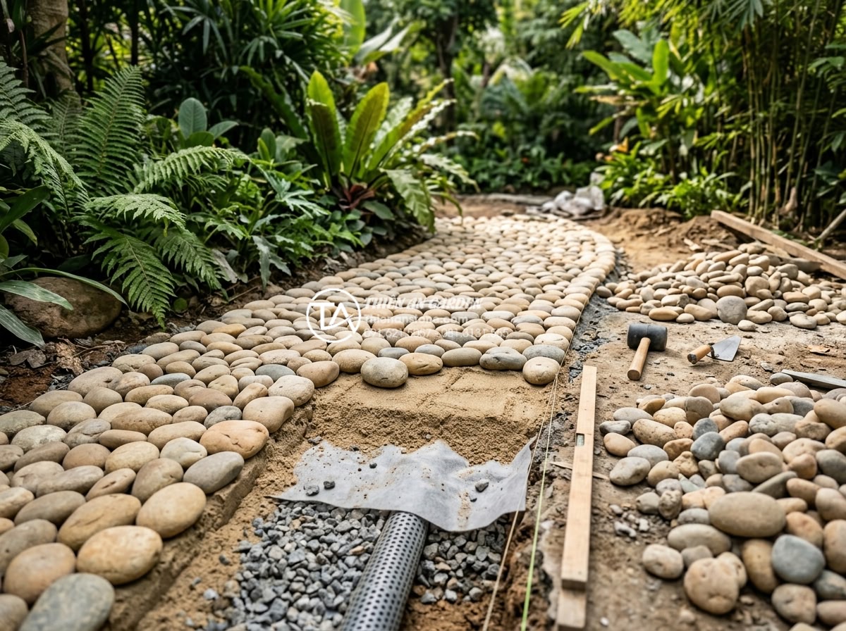 Case Study: Cải tạo sân vườn 20m2 với tiểu cảnh đá cuội từ A-Z - Step-by-step construction process photo of cobblestone installation, workers car