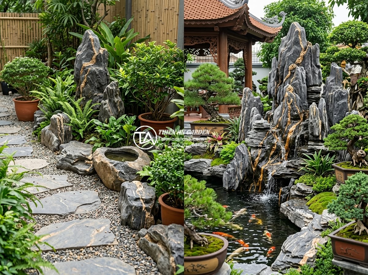 Case Study: Cải tạo sân vườn 20m2 với tiểu cảnh đá cuội từ A-Z - Comparison photo of similar garden projects with different budgets, showing how 