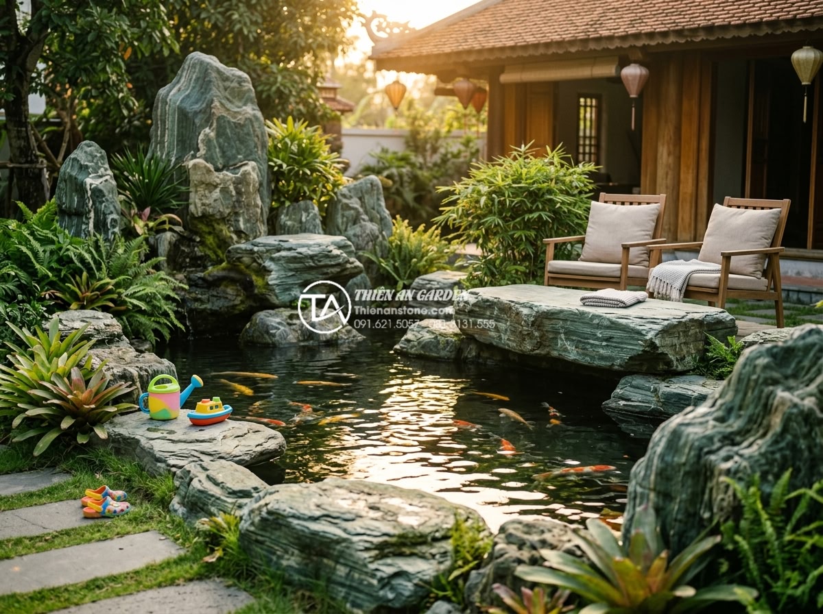 Case Study: Cải tạo sân vườn 20m2 với tiểu cảnh đá cuội từ A-Z - Real life family enjoying the finished garden at sunset, children playing safely