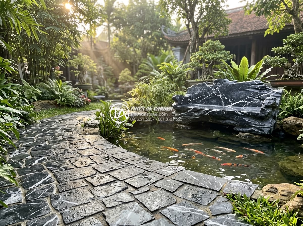 Case Study: Cải tạo sân vườn 20m2 với tiểu cảnh đá cuội từ A-Z - Peaceful morning scene in the completed garden with soft sunlight filtering thro