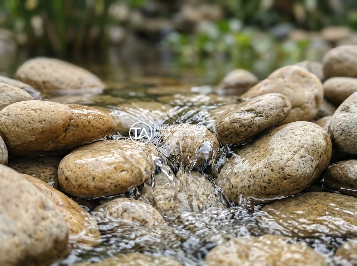 Case Study: Cải tạo sân vườn 20m2 với tiểu cảnh đá cuội từ A-Z - Close-up detail of water flowing over natural cobblestones creating beautiful pa