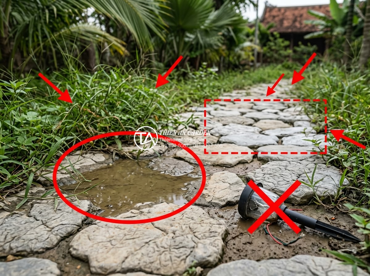 Case Study: Cải tạo sân vườn 20m2 với tiểu cảnh đá cuội từ A-Z - Educational photo showing common mistakes in DIY cobblestone garden projects lik