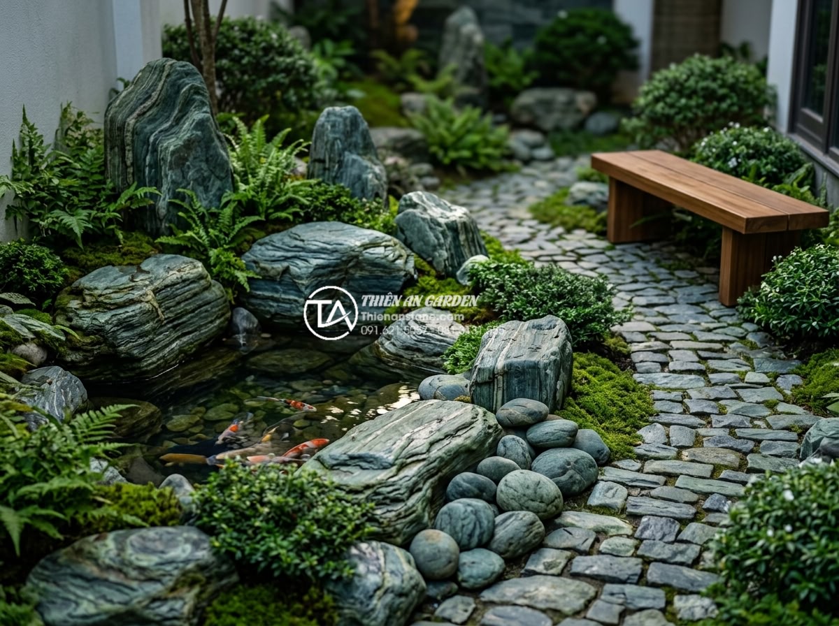 Case Study: Cải tạo sân vườn 20m2 với tiểu cảnh đá cuội từ A-Z - Stunning after photo of the same 20sqm garden transformed into a serene cobblest