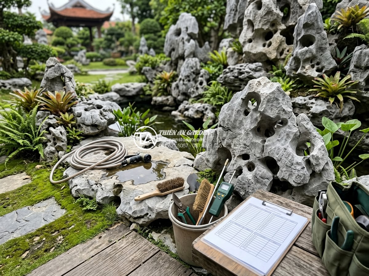 Case Study: Cải tạo sân vườn 20m2 với tiểu cảnh đá cuội từ A-Z - Professional maintenance team cleaning and inspecting a well-maintained cobblest