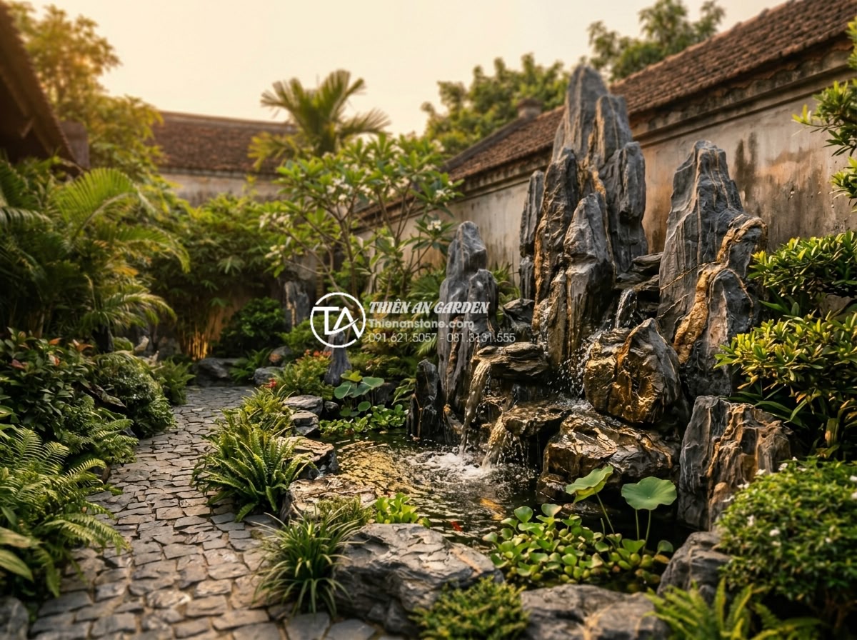 Case Study: Cải tạo sân vườn 20m2 với tiểu cảnh đá cuội từ A-Z - Beautiful final hero shot of the completed 20m2 cobblestone garden at golden hou