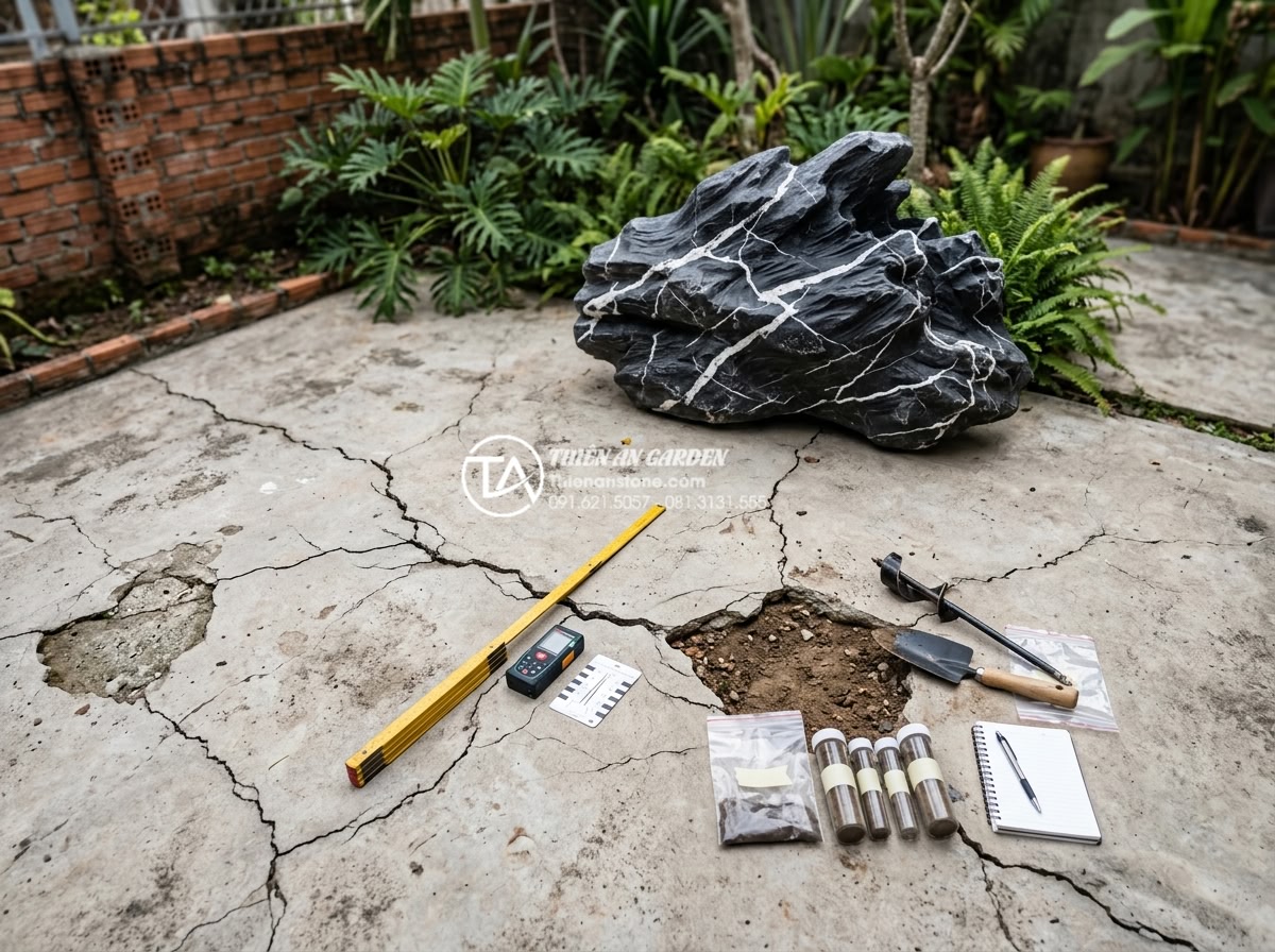 Case Study: Cải tạo sân vườn 20m2 với tiểu cảnh đá cuội từ A-Z - Detailed technical survey photo showing cracked concrete floor of 20m2 garden, m
