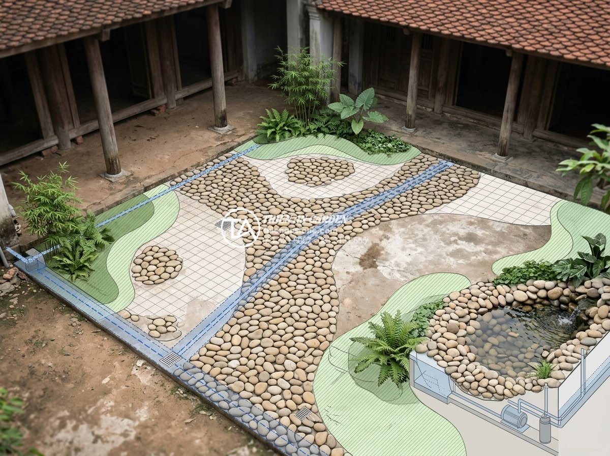 Case Study: Cải tạo sân vườn 20m2 với tiểu cảnh đá cuội từ A-Z - 3D rendering visualization of the proposed cobblestone garden design overlaid on