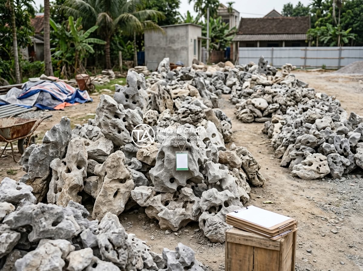 Case Study: Cải tạo sân vườn 20m2 với tiểu cảnh đá cuội từ A-Z - Wide shot of premium natural stone materials including round cobblestones, black