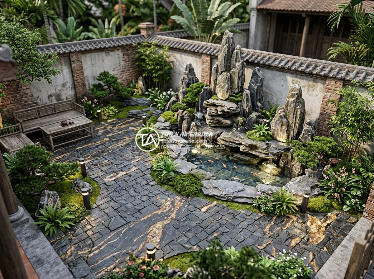 Case Study: Cải tạo sân vườn 20m2 với tiểu cảnh đá cuội từ A-Z - Detailed 3D architectural rendering of the completed 20m2 cobblestone zen garden