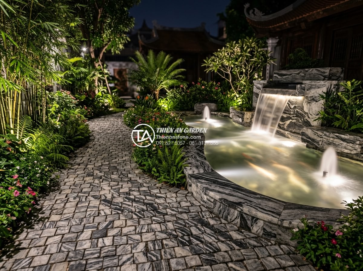 Case Study: Cải tạo sân vườn 20m2 với tiểu cảnh đá cuội từ A-Z - Night time photography of the finished garden with dramatic LED lighting illumin