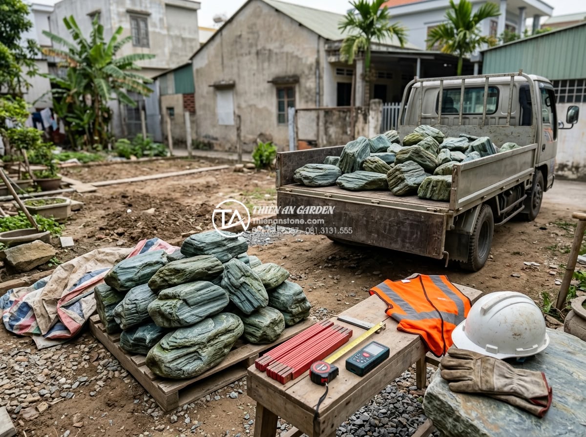 Case Study: Cải tạo sân vườn 20m2 với tiểu cảnh đá cuội từ A-Z - Construction site preparation photo showing workers unloading natural cobbleston