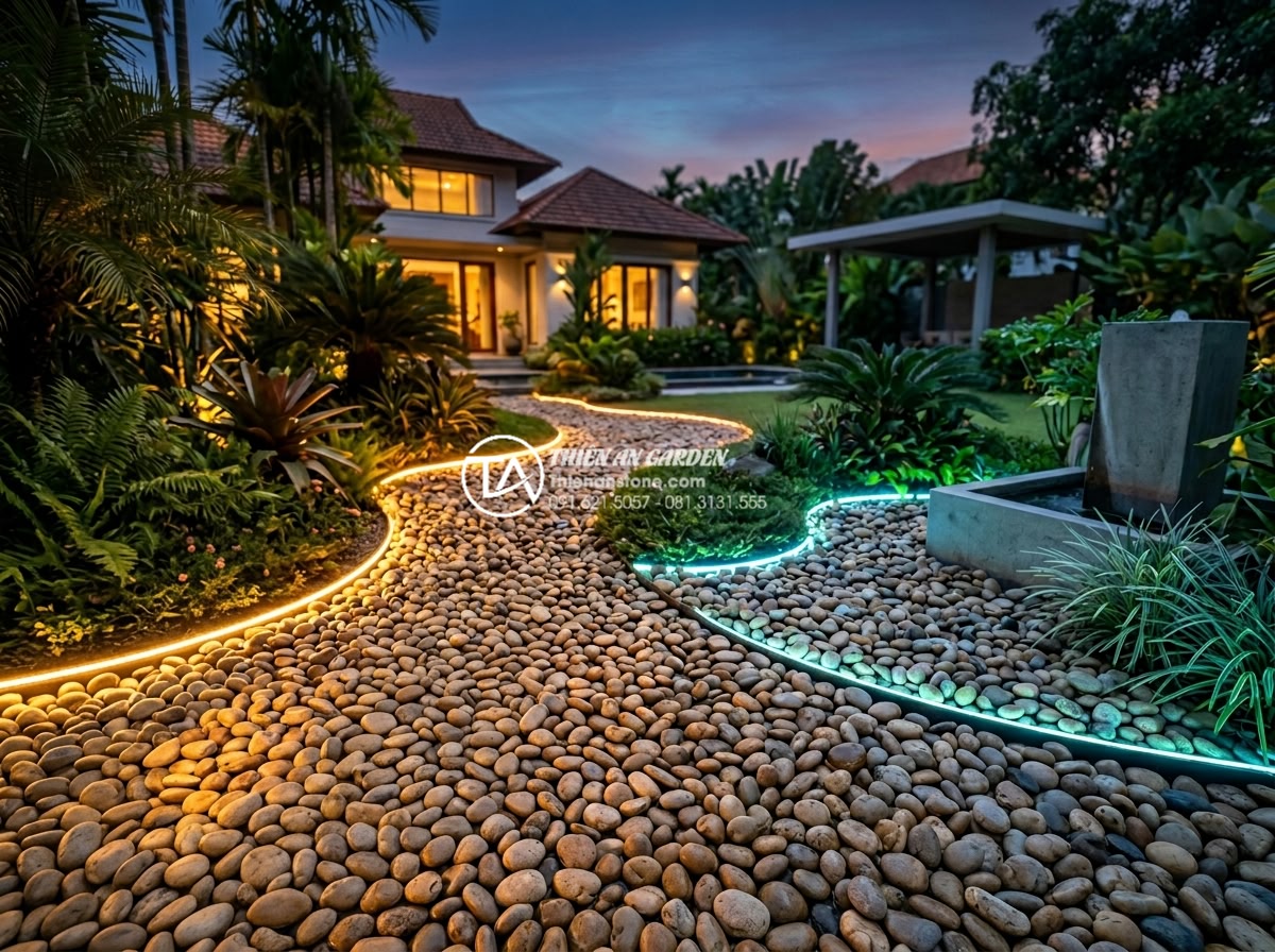 Checklist 10 món phụ kiện không thể thiếu khi làm tiểu cảnh đá cuội - Modern smart pebble garden at dusk with color-changing LED lights controlled via