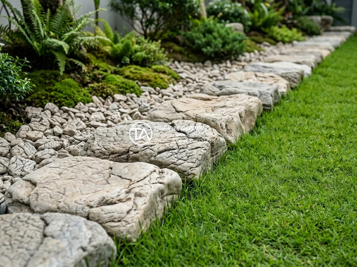 Checklist 10 món phụ kiện không thể thiếu khi làm tiểu cảnh đá cuội - Clean and professional edge detail of a pebble stone mini landscape showing natu
